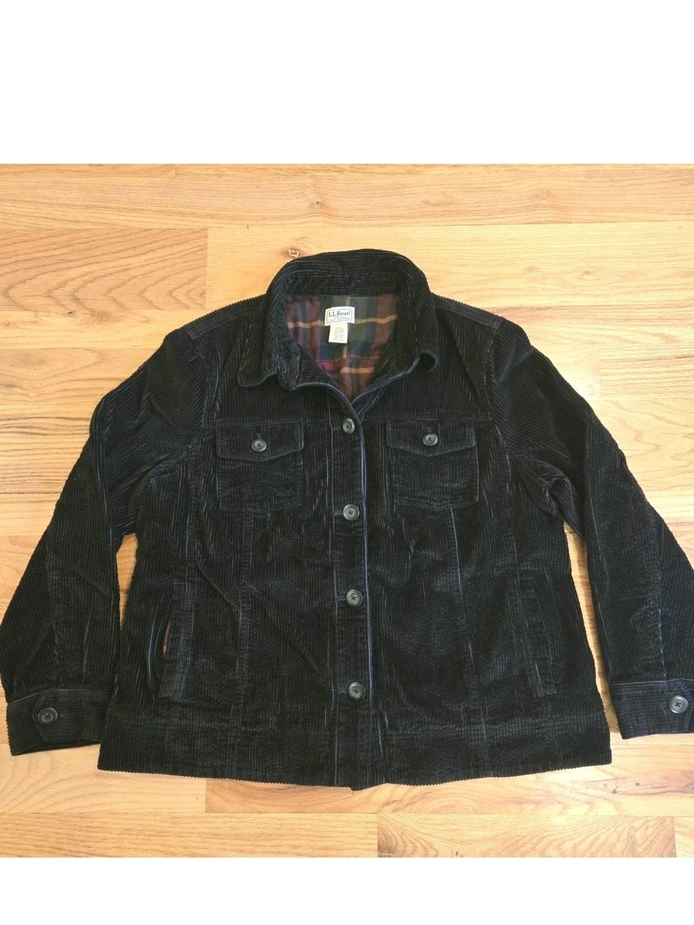 LL Bean Corduroy Shacket Womens XL Jacket Plaid Lining Chore Coat Black Cotton